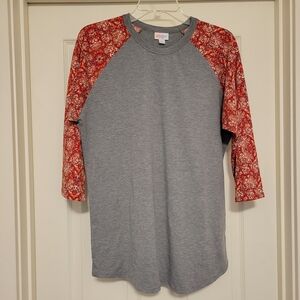 LuLaRoe Gray and Orange-Red Floral Raglan Top